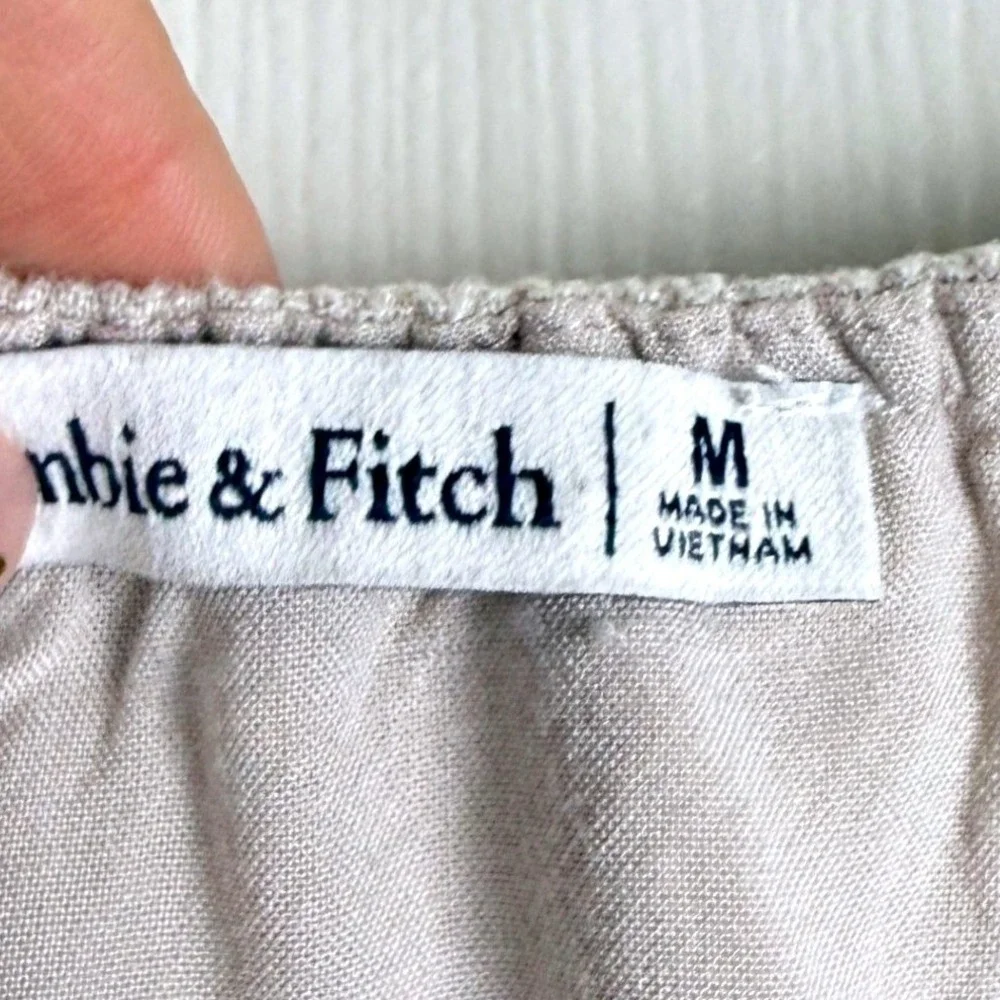 Abercrombie & Fitch Crop Top Womens M Beige Linen Blend Front Tie Puff Sleeve